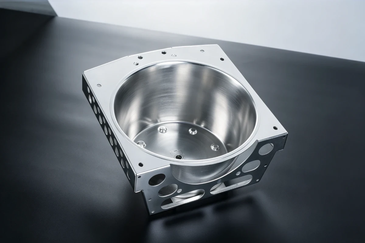 Stainless steel metal part with holes and cutouts