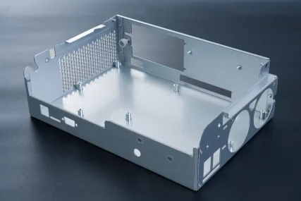 Stamped metal enclosure with perforated panel and mounting holes